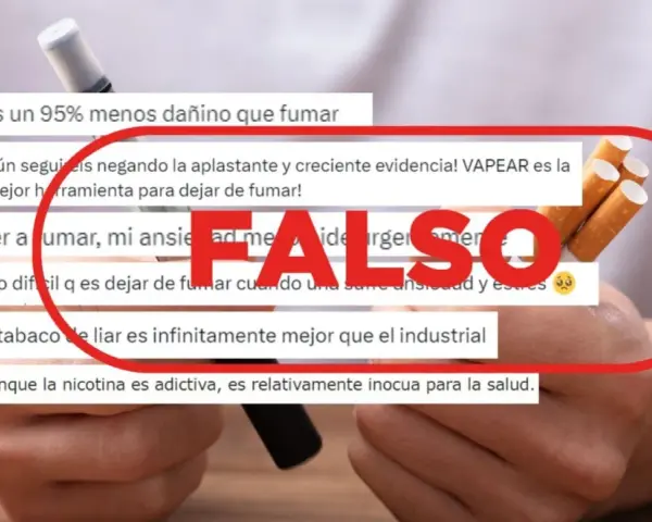 Debate sobre los pros y contras del vapeo. Mensajes que afirman que vapear es menos dañino que fumar, pero marcados con "FALSO" junto a cigarrillos.