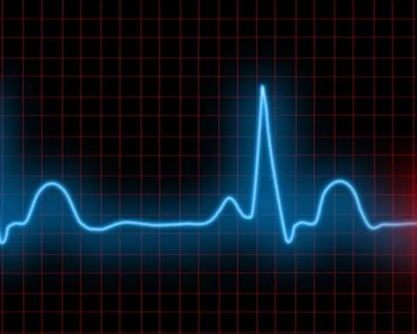 Niebieska linia EKG na czarnym tle z czerwoną siatką. Serce pulsuje, pokazując, hrv co to jest.