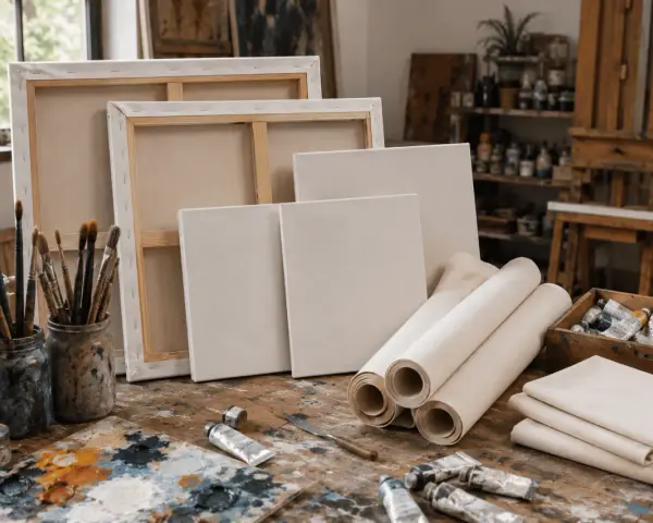 Un atelier d'artiste avec des toiles pour peindre, des pinceaux, des tubes de peinture et une palette.