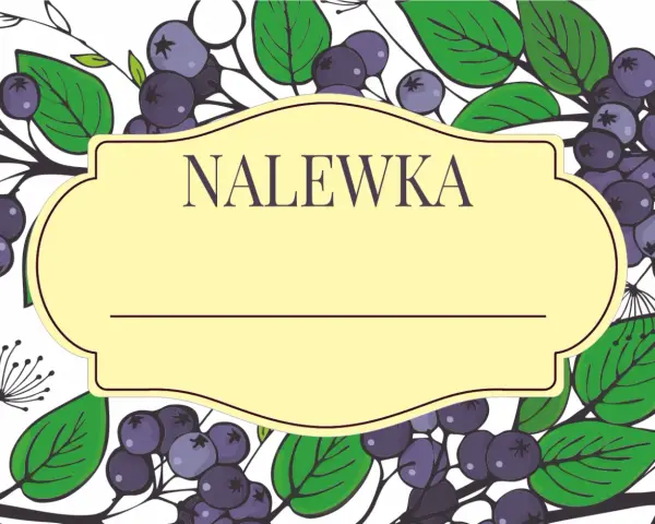 Ilustracja z aronią i liśćmi, z żółtą ramką z napisem "Nalewka".