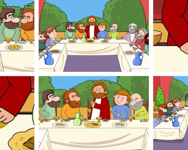 Darstellung des Abendmahls, das den Fronleichnam Ursprung erklärt. Jesus bricht das Brot mit seinen Jüngern.