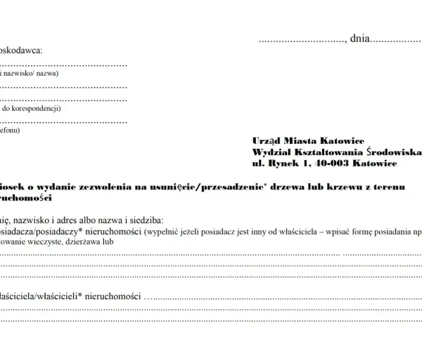 Wniosek o wydanie pozwolenia na wycinkę drzew lub krzewów z terenu nieruchomości. Dane wnioskodawcy i urzędu.