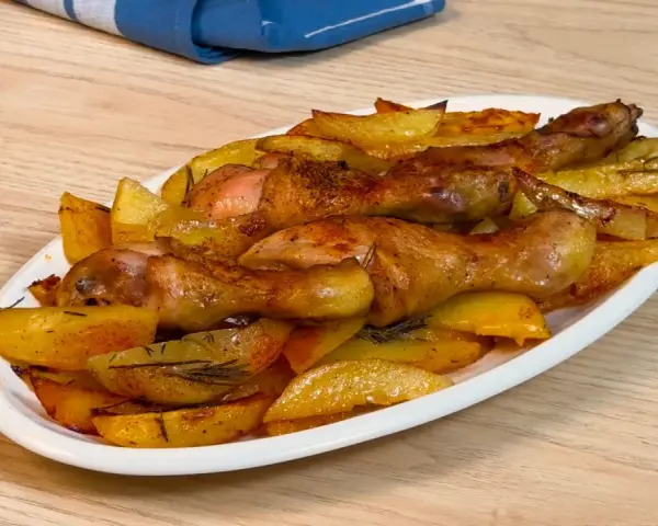 Pollo al forno con patate dorate e rosmarino, un piatto succulento pronto per essere gustato.