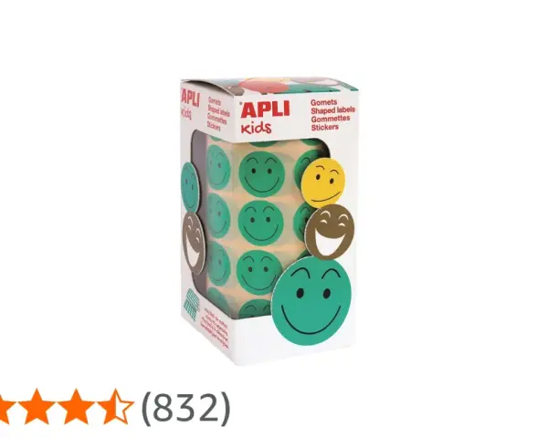 Caja de gomets de APPLI Kids con caritas sonrientes verdes, amarillas y marrones.