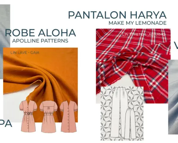 Tissus de lin bleu, orange et à carreaux rouges pour des vêtements. Patron de blouse, robe et pantalon.