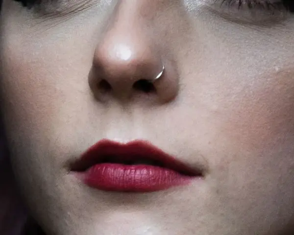 Delikatny kolczyk w nosie, jak rhino piercing, podkreśla pełne, ciemnoczerwone usta.