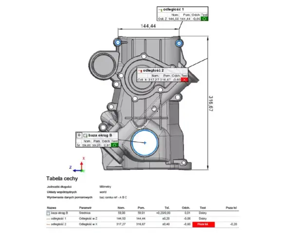Skan 3D elementu mechanicznego z zaznaczonymi odchyleniami wymiarowymi i tabelą wyników.