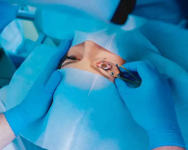 Chirurgo esegue trabeculectomia glaucoma, un intervento per ridurre la pressione oculare.