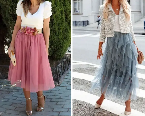 Dos looks para combinar falda midi de tul: una rosa con top blanco y flores, otra azul con chaqueta tweed.