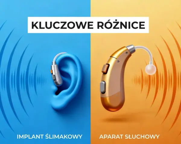 Porównanie implantów ślimakowych i aparatów słuchowych. Dwa rodzaje aparatów słuchowych, jeden w uchu, drugi na zewnątrz.