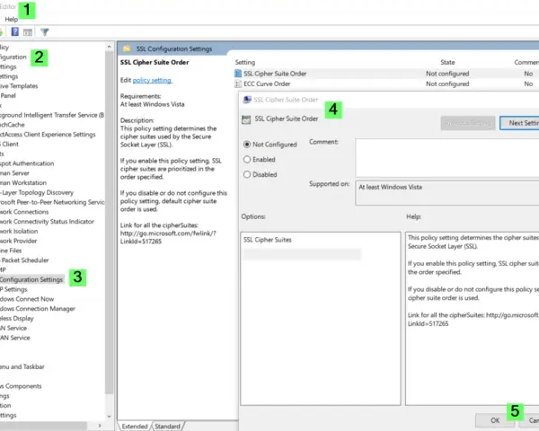 Local Group Policy Editor showing SSL Configuration Settings, specifically the SSL Cipher Suite Order policy.