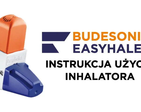 Pomarańczowo-biały inhalator budesonide easyhaler z niebieską nakładką. Obok logo i napis "Instrukcja użycia inhalatora".