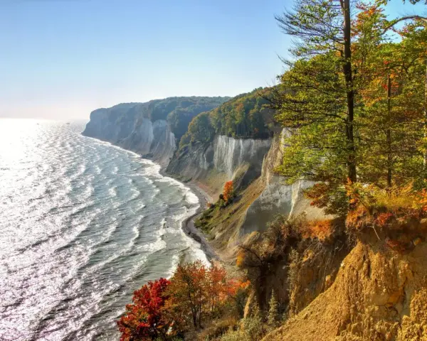 Kreidefelsen an der Ostsee, ein malerischer Anblick, der zu den beliebten Urlaubsorten zählt. Das Meer glitzert, Bäume leuchten in Herbstfarben.