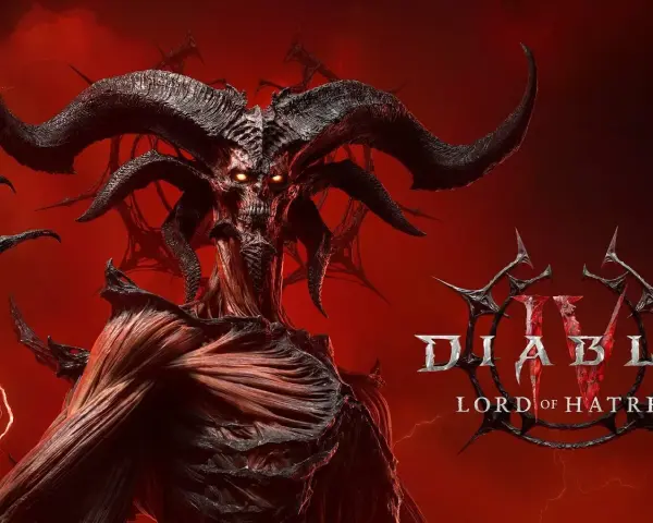 El Señor del Odio de Diablo 4, con cuernos imponentes y ojos llameantes, emerge de un fondo rojo intenso.