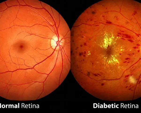 Confronto tra retina normale e retina diabetica con retinopatia diabetica proliferante, evidenziando emorragie e neovascolarizzazione.