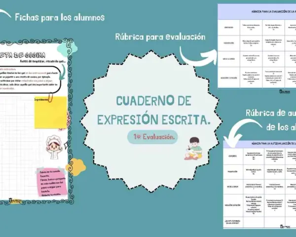 Cuadernillo de expresión escrita para imprimir, con actividades sobre recetas de cocina y rúbricas de evaluación.