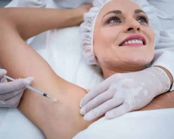 Kobieta z uśmiechem na twarzy poddaje się zabiegowi botox pod pachy. Lekarz w rękawiczkach wykonuje zastrzyk.
