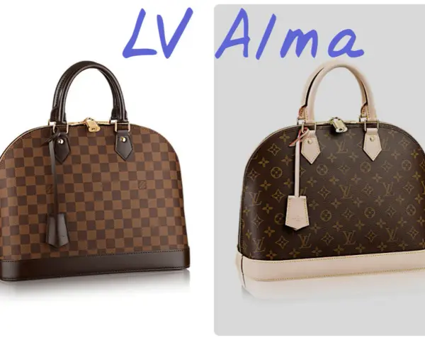 Dwie torebki Louis Vuitton Alma: jedna w kratę Damier Ebene, druga z monogramem.