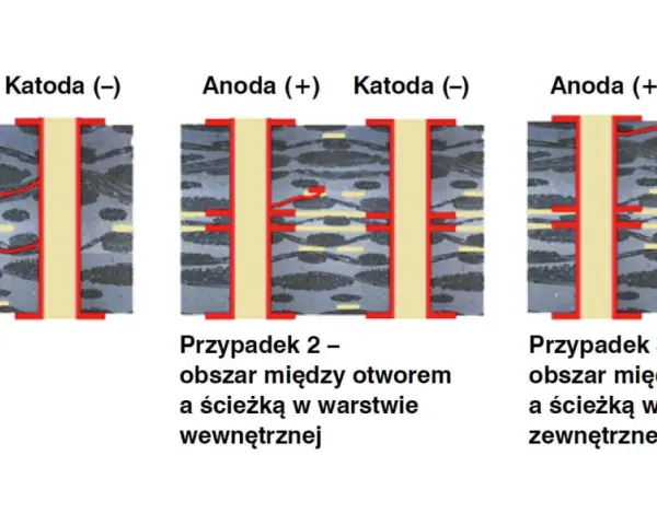 Schemat przedstawia trzy przypadki połączeń między anodą a katodą, pokazując ścieżki prądu.
