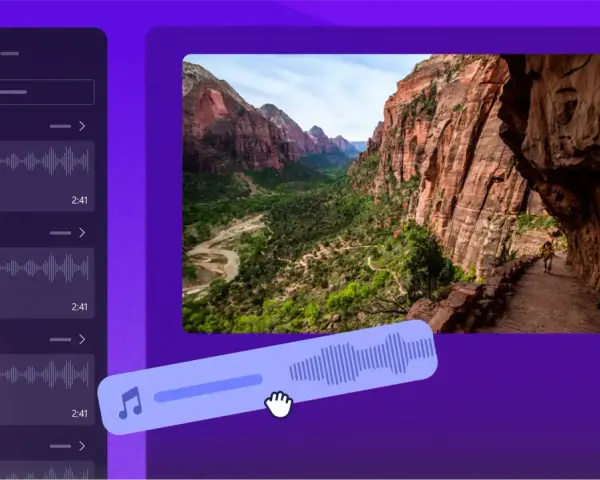 Interfaz de edición de video con paisaje de cañón y lista de audios libres de derechos.