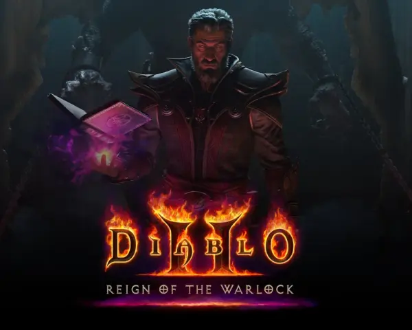 Mroczny mag z księgą zaklęć i płonącymi dłońmi, zapowiadający Diablo 2 Resurrected na PS5.