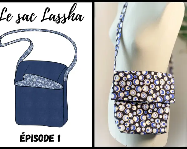 Le sac Lassha, un projet de couture facile. Illustration et photo d'un sac bandoulière bleu avec doublure à fleurs et tissu à pois.