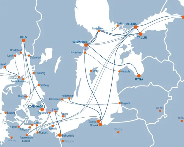 Mapa pokazuje trasy promowe z Polski do Skandynawii. Gdzie szukać połączeń promowych dla transportu ciężarowego z polski do skandynawii? Sprawdź porty jak Gdynia, Gdańsk, Świnoujście.
