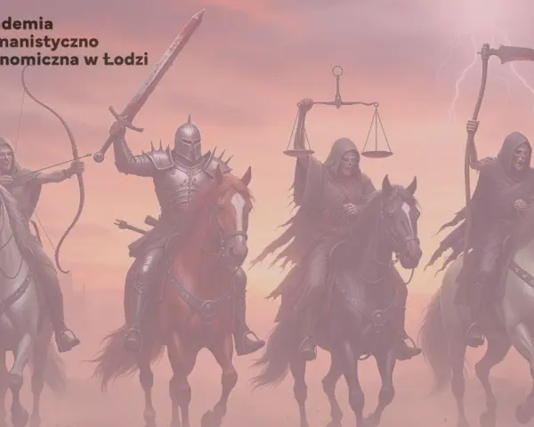 Czterej jeźdźcy Apokalipsy, symbolizujący wydarzenia z ostatniej księgi Nowego Testamentu, na tle burzowego nieba.