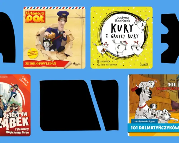 Kolekcja audiobook top 10: Listonosz Pat, Kury z Grubej Rury, Detektyw Ząbek i 101 Dalmatyńczyków.