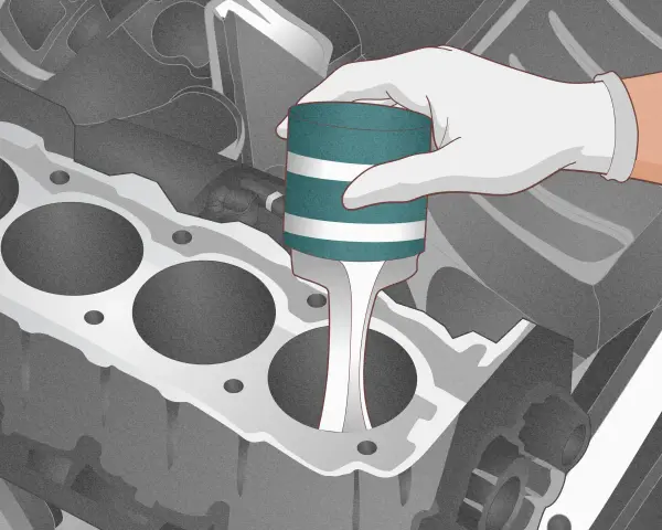 A gloved hand inserts a tool into a cylinder bore, possibly to address a p0302 code by checking for piston or cylinder damage.
