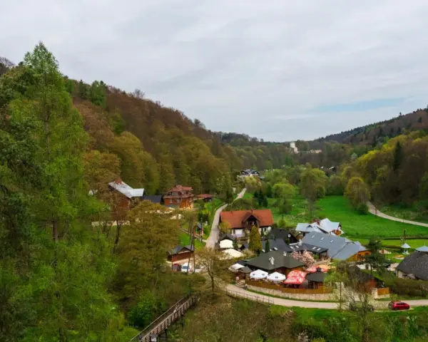 Widok na malowniczą dolinę z zabudowaniami i lasem.