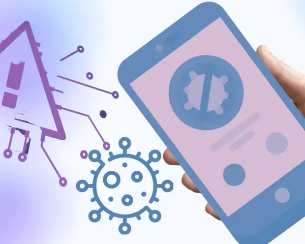 Varningstriangel med utropstecken och en virus-symbol på en Android-telefon. Skydda din enhet mot virus.