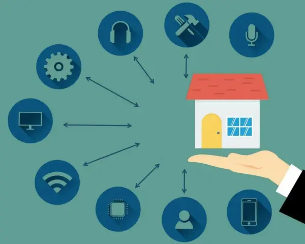 Dom podłączony do sieci, sterowany przez GUI. Ikony symbolizują urządzenia i funkcje: słuchawki, narzędzia, mikrofon, komputer, Wi-Fi, chip, użytkownik, smartfon.