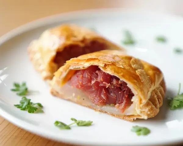 Deliciosa empanada de atún, dorada y crujiente, rellena de atún fresco y especias. Perfecta para un bocado sabroso.