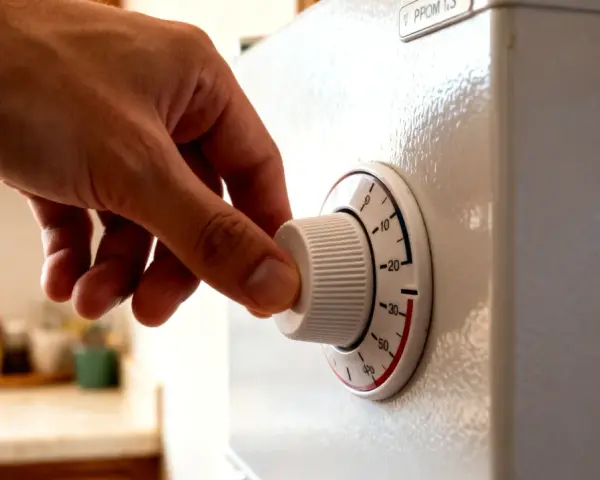 Dłoń kręci pokrętłem termostatu lodówki, ustawiając temperaturę.