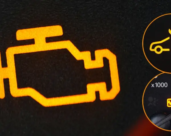 Pomarańczowy symbol check engine świeci się, sugerując problem z silnikiem lub słabe paliwo. Obok kontrolka serwisu i kontrolka ciśnienia w oponach.
