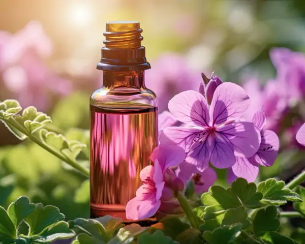A small amber bottle of pink geranium essential oil sits amongst vibrant pink geranium flowers and green leaves, hinting at its spiritual benefits.