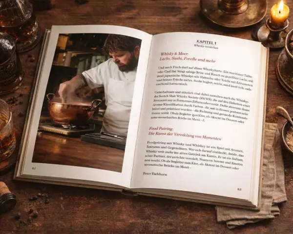 Ein Koch bereitet etwas in einem Kupfertopf zu, daneben ein Buch über Whisky. Ein Glas mit gutem Scotch und eine Kerze vervollständigen die Szene.