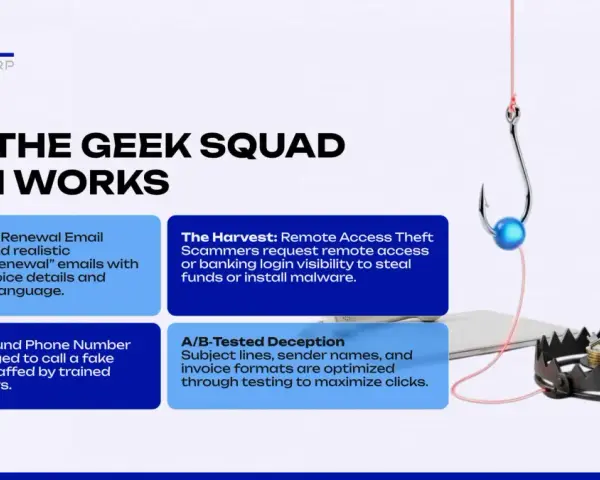 El **geek squad scam** usa correos falsos de renovación para engañar. Te piden llamar a un número falso para robar tus datos o instalar malware.