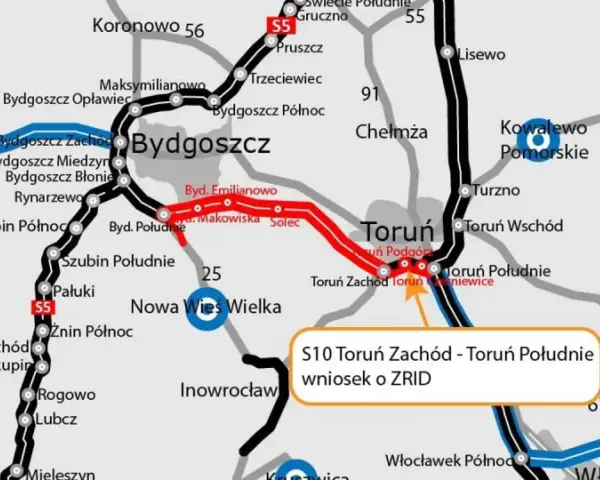 Mapa drogowa z zaznaczonymi trasami S5 i S10 między Bydgoszczą a Toruniem, z widocznymi mniejszymi miejscowościami.