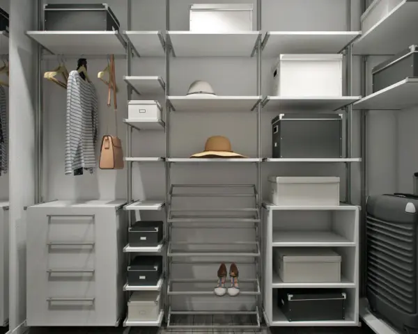 Organiza tu ropa y accesorios en este vestidor moderno. Aprende como hacer un vestidor funcional con estantes, cajones y zapatero.