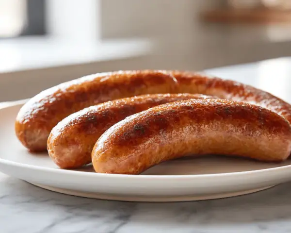 Drei gebratene Salsiccia-Würste liegen auf einem weißen Teller. Sie sind goldbraun und leicht angekohlt, was Appetit auf mehr macht.