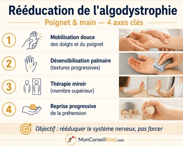 Rééducation du poignet et de la main pour l'algodystrophie : mobilisation, désensibilisation, thérapie miroir, reprise de préhension. Objectif : rééduquer le système nerveux.