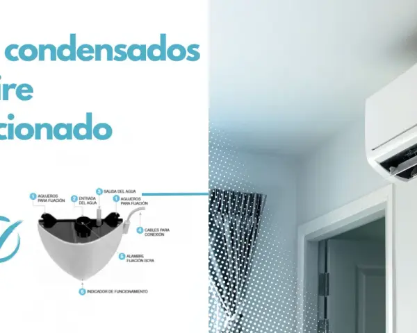 Bomba condensados para aire acondicionado, con diagrama de sus partes: entrada, salida de agua, fijación y conexión.