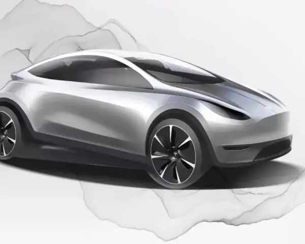 Szkic srebrnego samochodu elektrycznego Tesla z nowoczesnym designem na tle abstrakcyjnych kształtów.