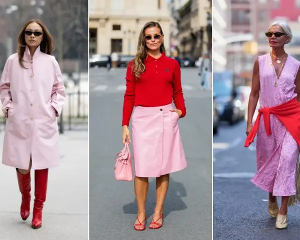 Tre donne sfoggiano un outfit rosa e rosso: cappotto rosa con stivali rossi, maglia rossa con gonna rosa, e abito rosa con maglia rossa legata in vita.