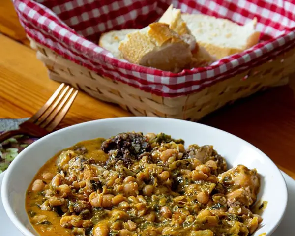 Un reconfortante cocido montañés, con garbanzos, verduras y trozos de carne, servido en un cuenco blanco. A su lado, una cesta con pan y un tenedor.