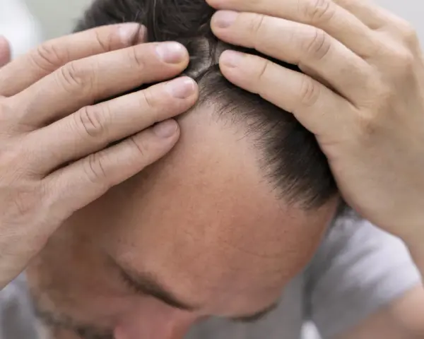 Man med händerna i håret, oroar sig för sitt tunnare hår. Kanske dags att testa kreatin hår?