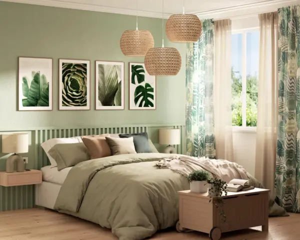 Camera da letto con stampe botaniche, tessuti naturali e luci in rattan. Un'oasi di pace per le tue ispirazioni camera da letto.