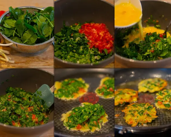 Förberedelse av torrejas salvadoreñas: färsk spenat, hackad tomat, salladslök och ägg blandas och steks gyllene i panna.